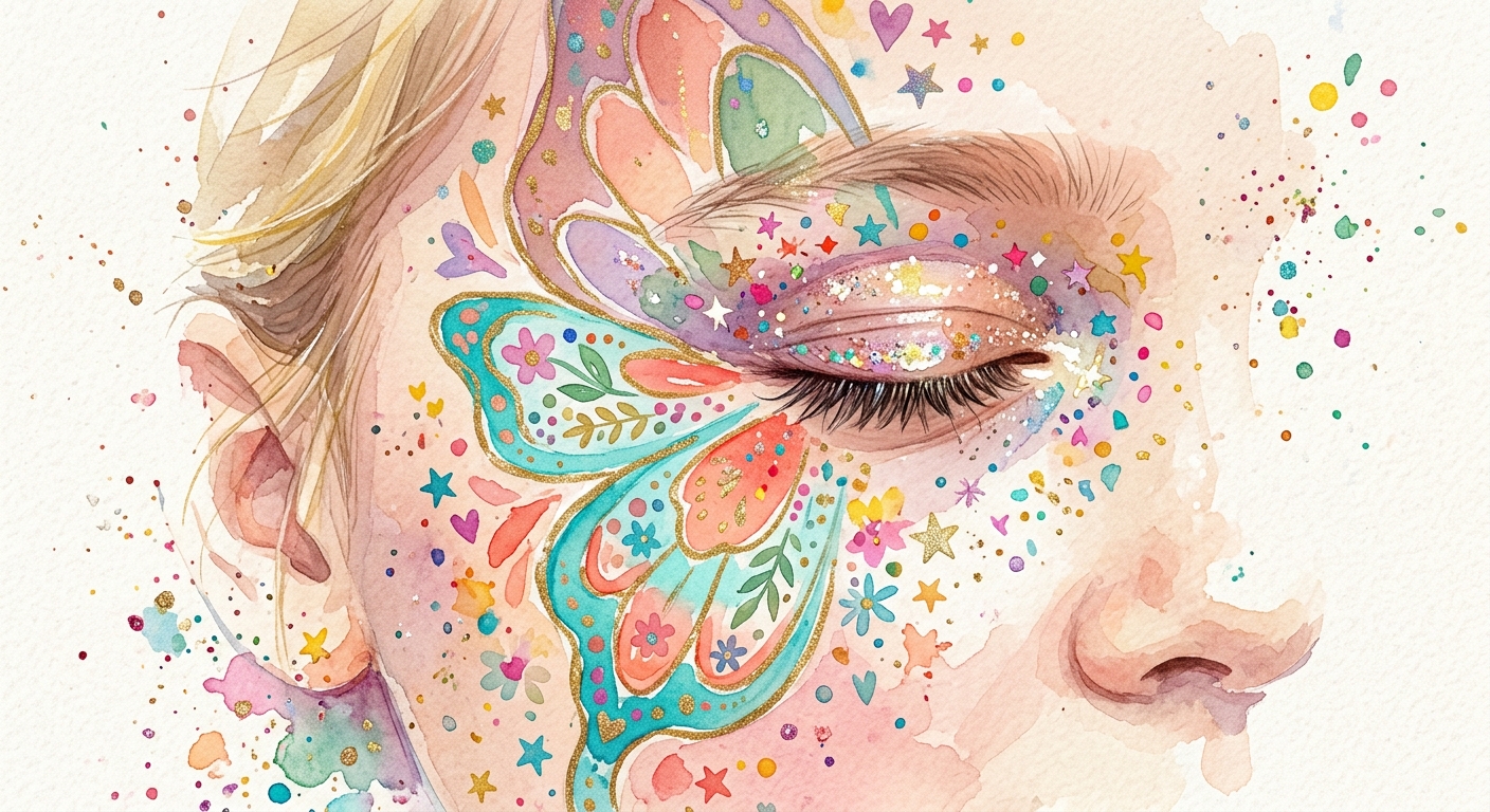 Maquillage papillon aquarelle — détail autour de l'œil.