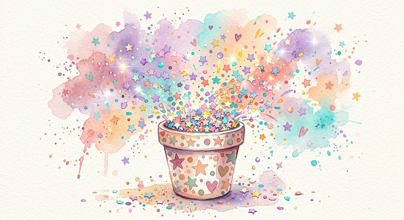 Paillettes et étoiles pastel qui s'envolent.