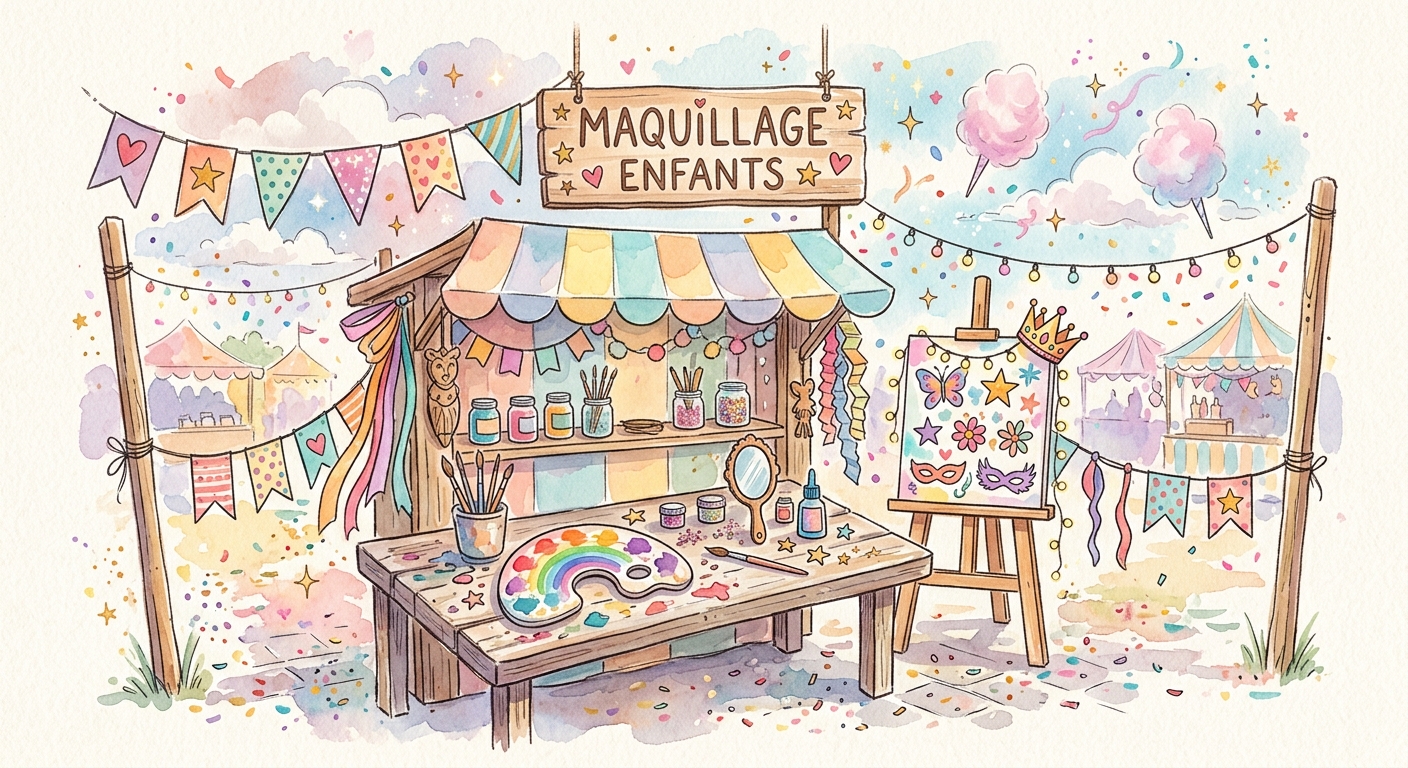 Stand de kermesse aquarelle, ambiance festive.