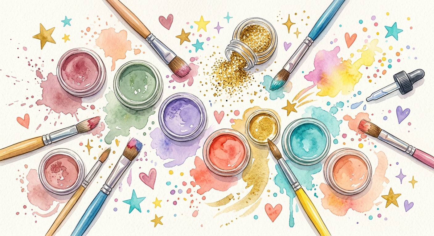 Matériel de maquillage artistique en pose éclatée.